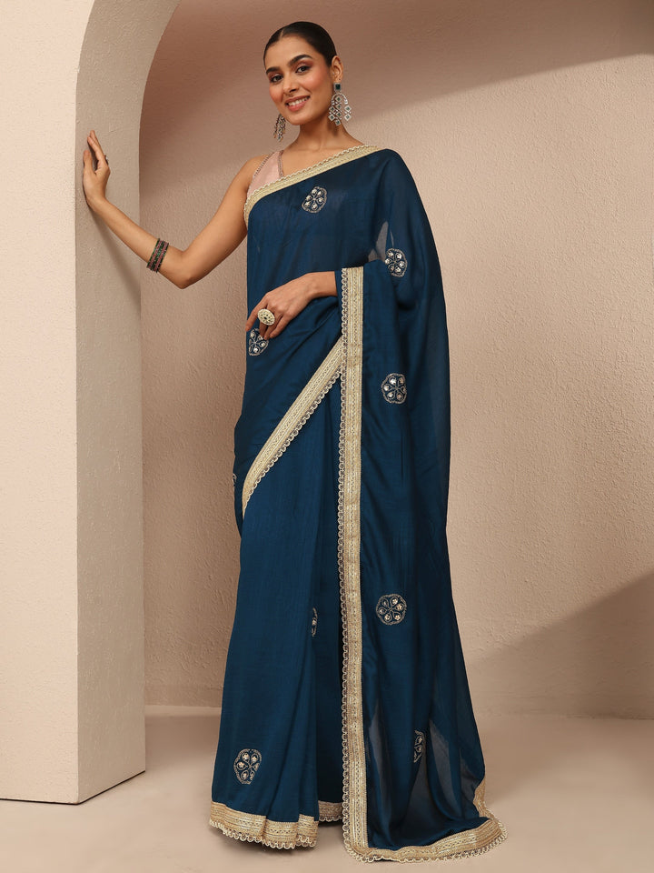 Blue Embellished Silk Blend Saree With Unstitched Blouse Piece