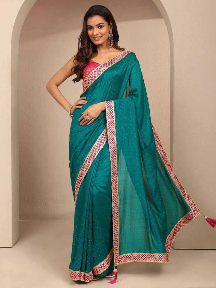 Blue Embellished Silk Blend Saree With Unstitched Blouse Piece