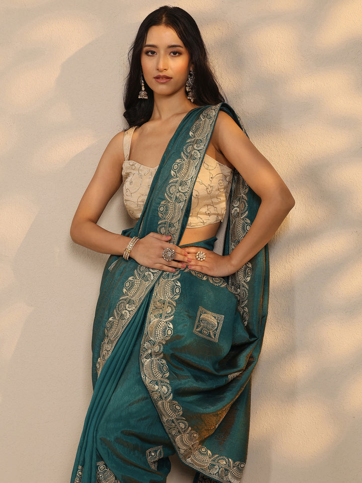 Blue Embellished Silk Blend Saree With Unstitched Blouse Piece