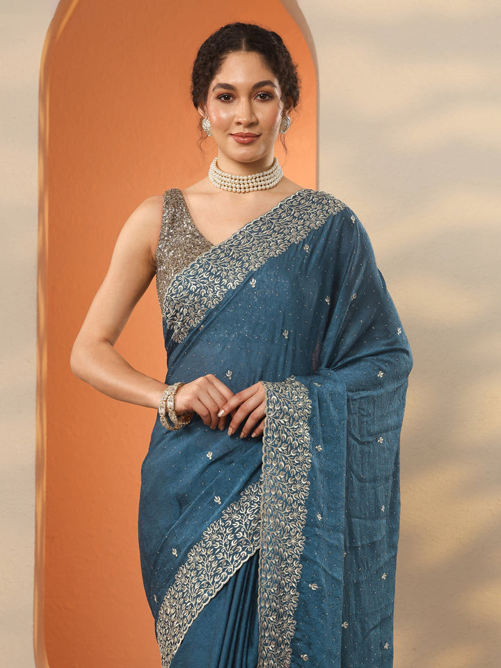 Blue Embellished Silk Blend Saree With Unstitched Blouse Piece