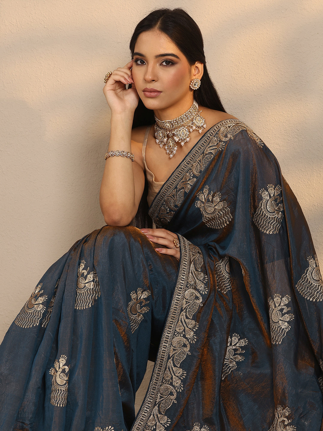 Blue Embroidered Organza Saree With Unstitched Blouse Piece