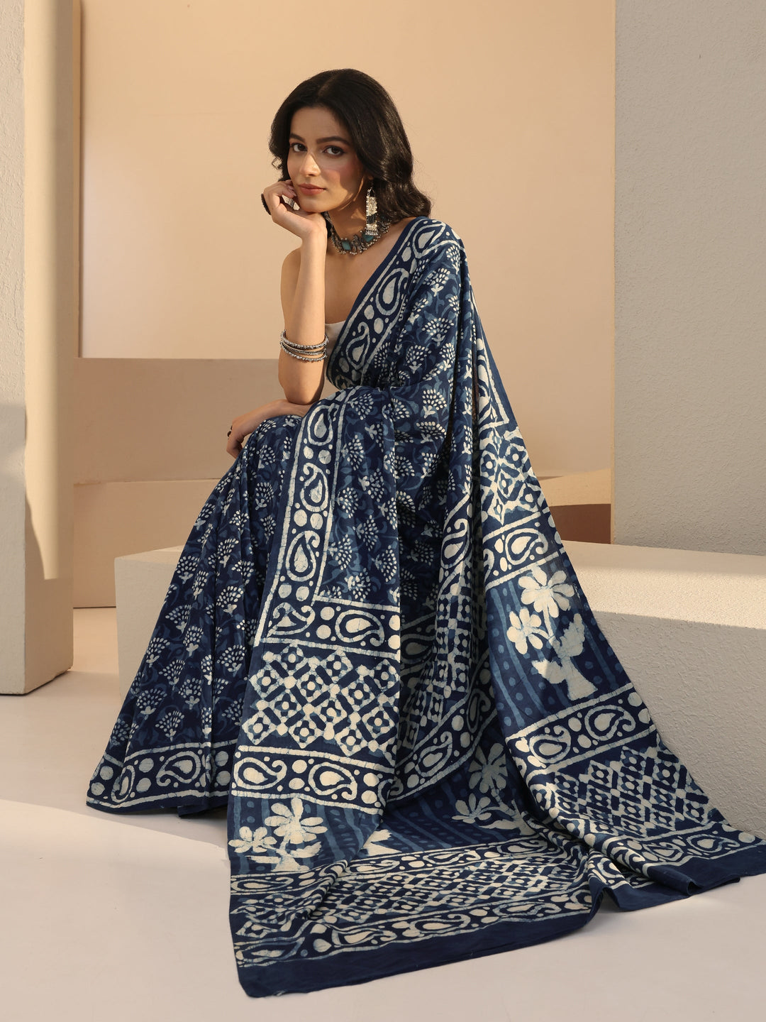 Libas Indigo Batik Print Cotton Saree