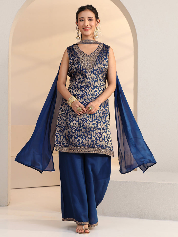 Libas Blue Ethnic Motif Woven Design Silk Blend Straight Suit Set