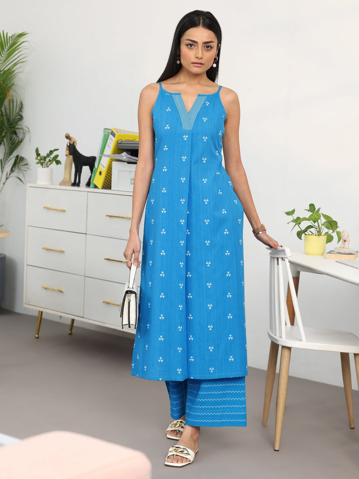 Libas Blue Ethnic Motifs Woven Design Cotton Blend A-Line Kurta Set