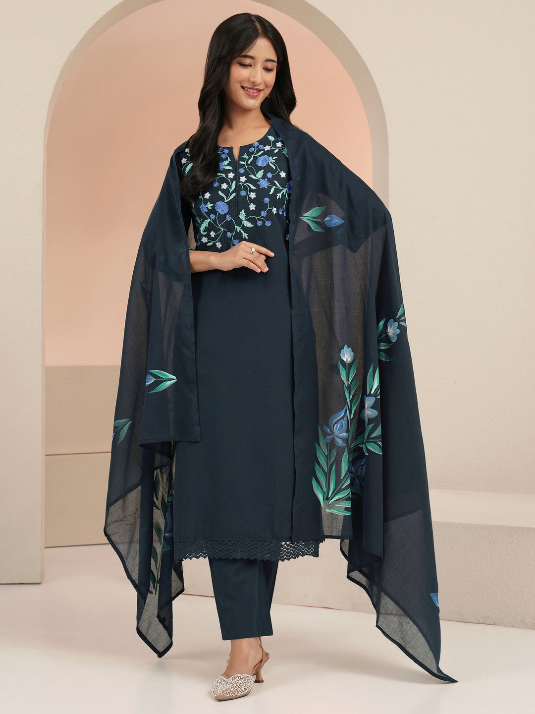 Libas Blue Floral Embroidered Cotton Straight Suit Set