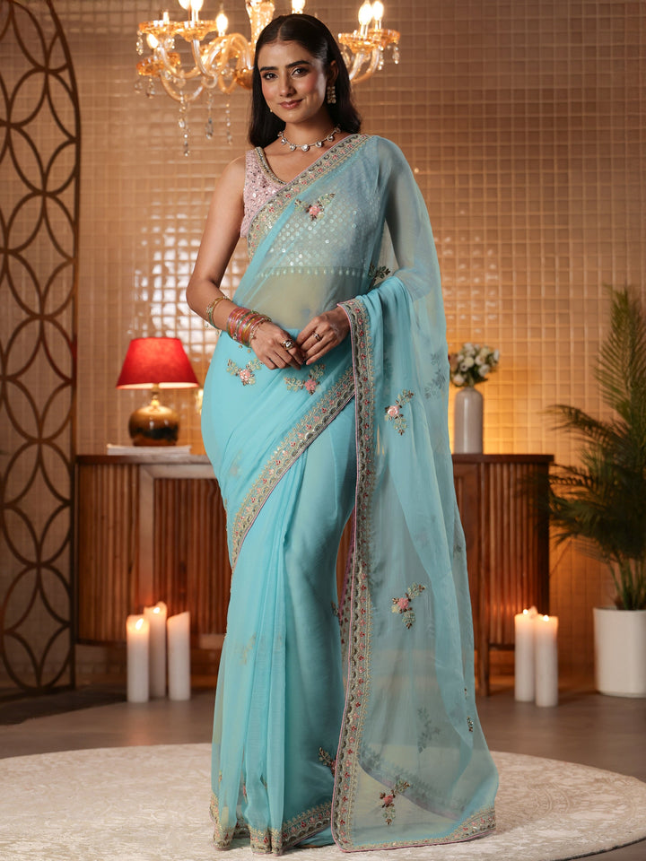 Libas Blue Floral Embroidered Silk Blend Saree
