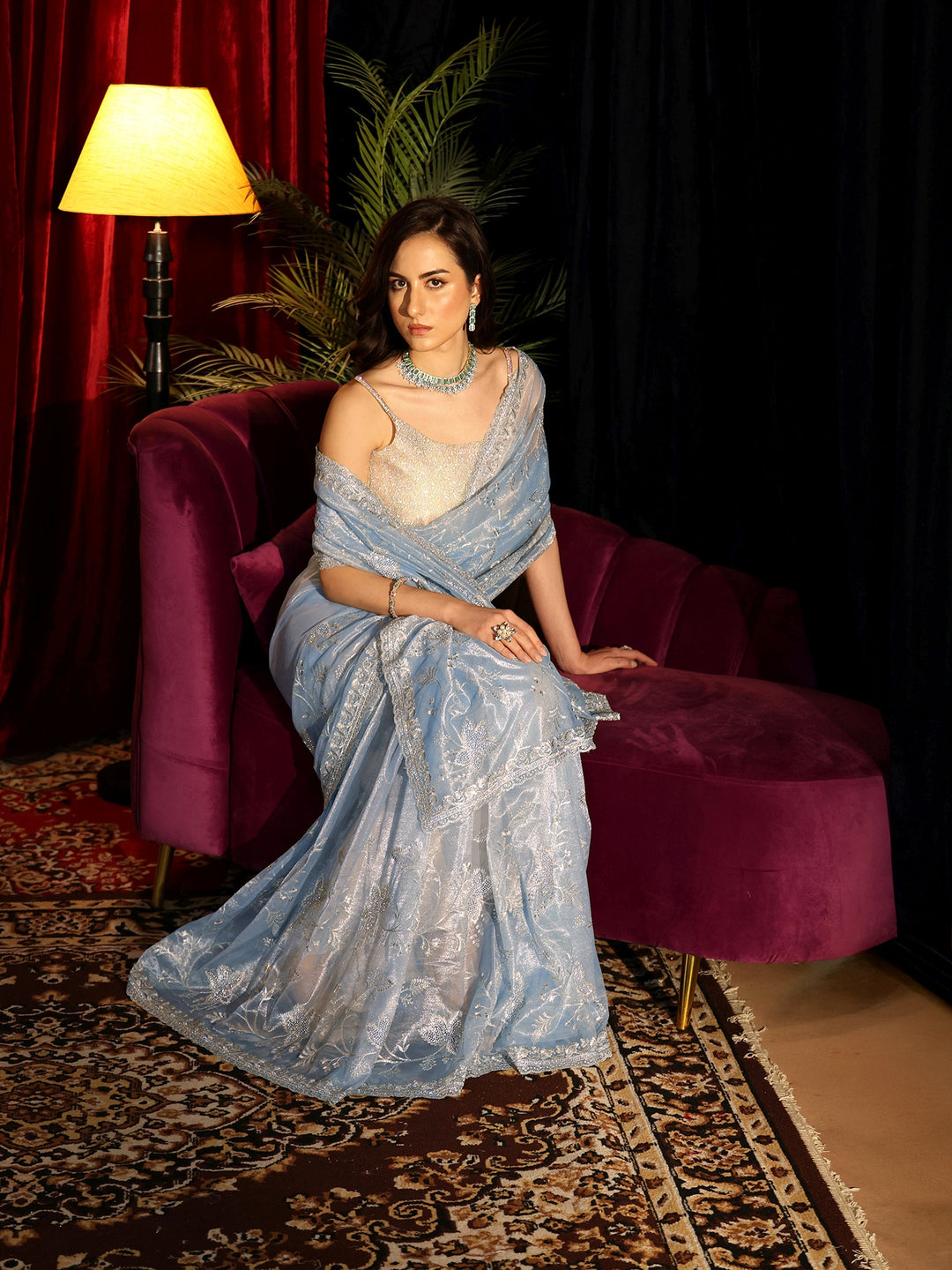 Libas Blue Floral Net Saree