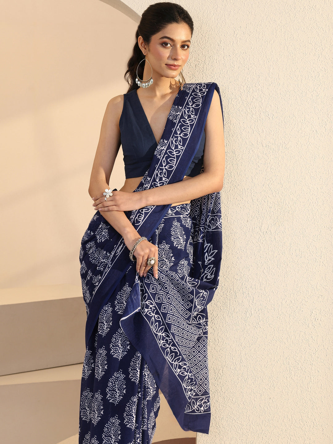 Navy Leafy Print Cotton Saree