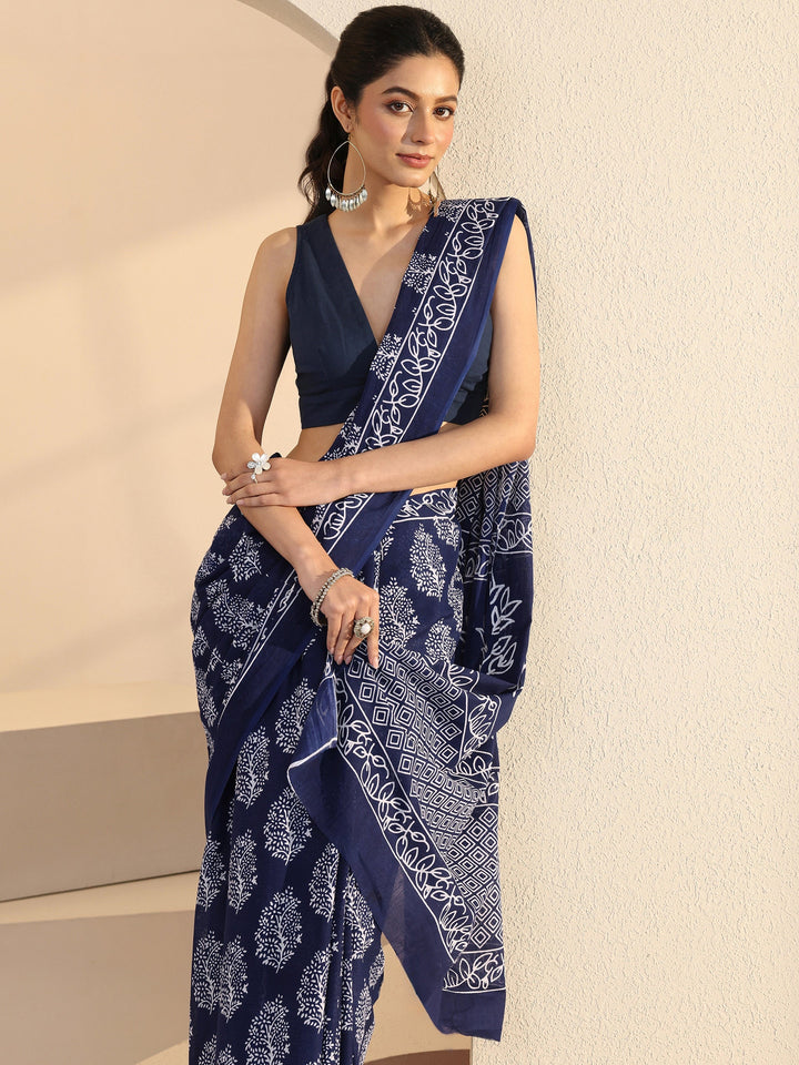 Libas Navy Leafy Print Cotton Saree