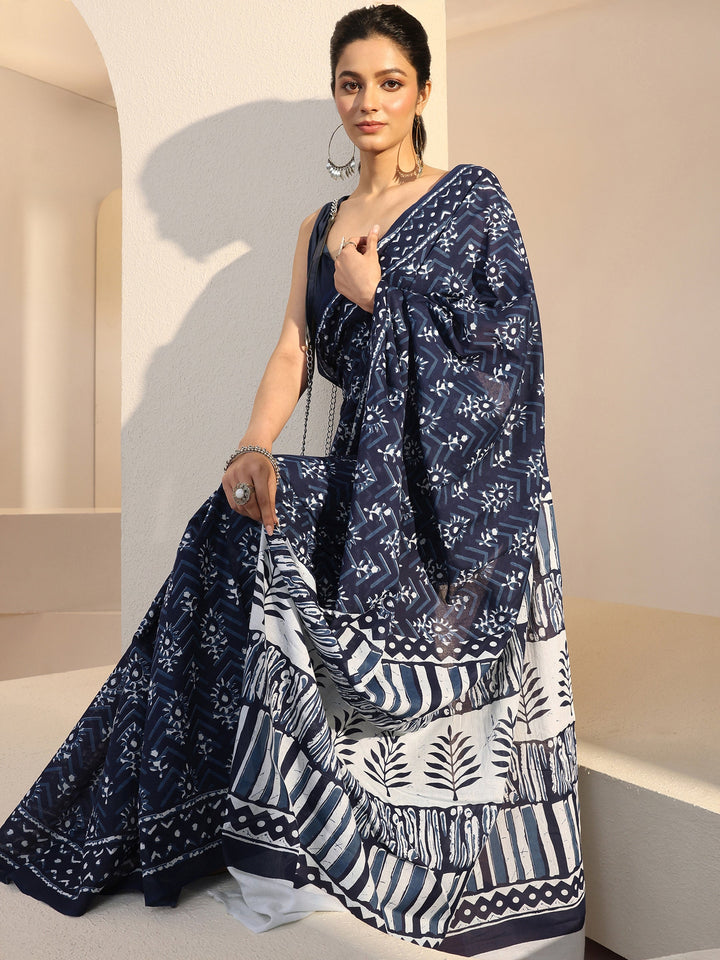 Libas Indigo Dabu Floral Print Cotton Saree