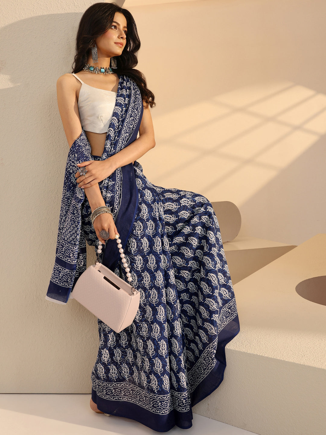 Libas Blue Bagru Print Cotton Saree