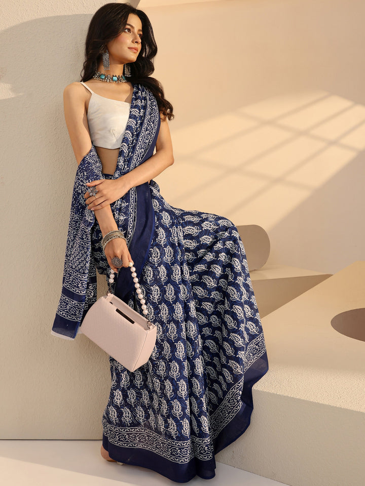 Libas Blue Bagru Print Cotton Saree