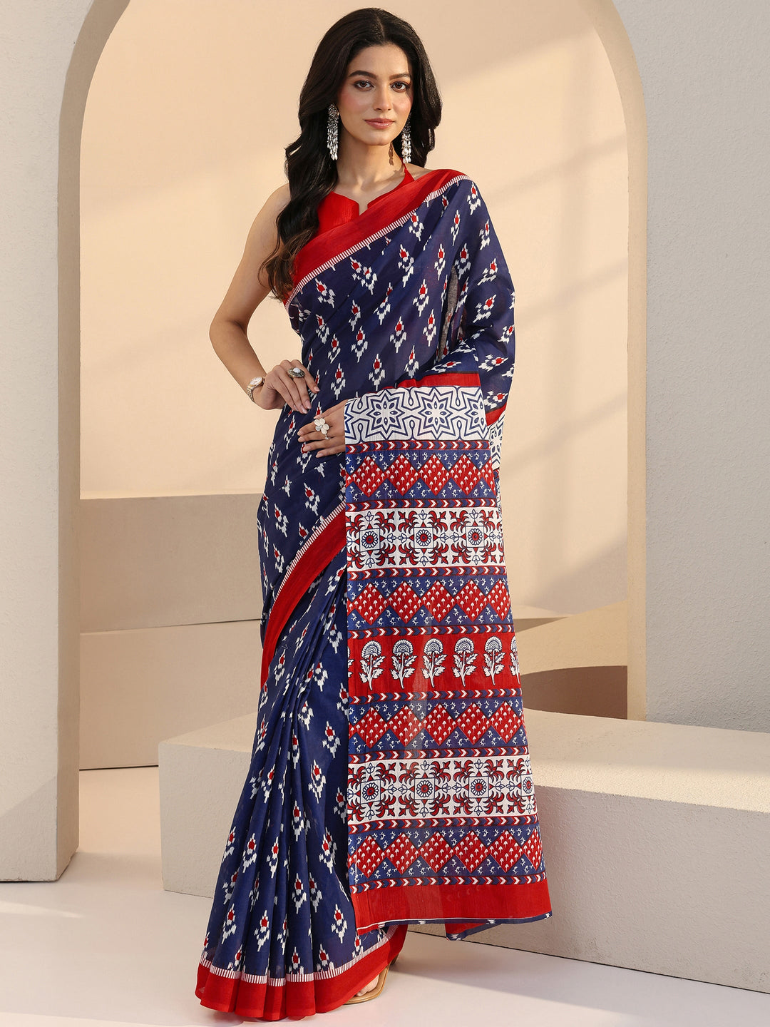 Libas Blue Geometric Print Cotton Saree