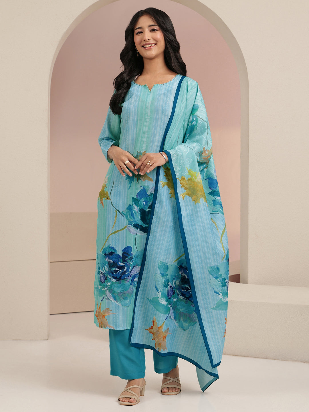 Libas Blue Floral Printed Cotton blend  Straight Suit Set