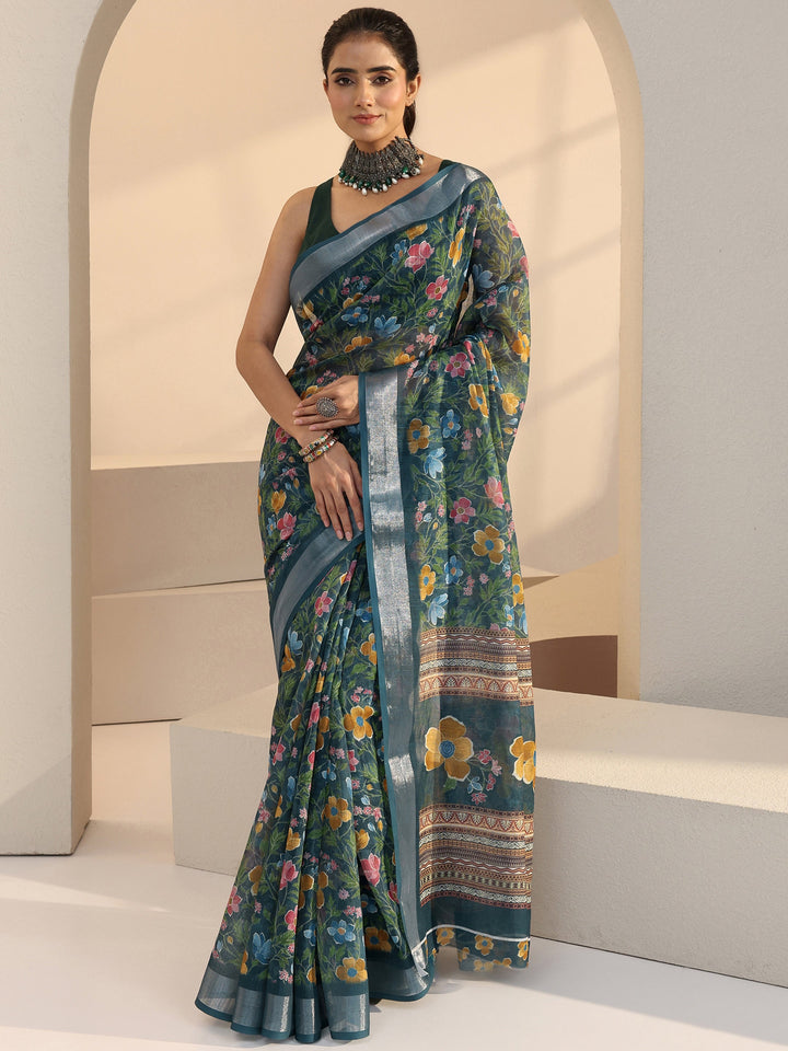 Libas Blue Floral Printed cotton blend Saree