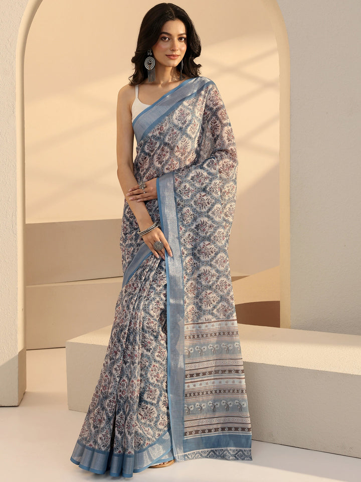 Libas Blue Floral Printed cotton blend Saree