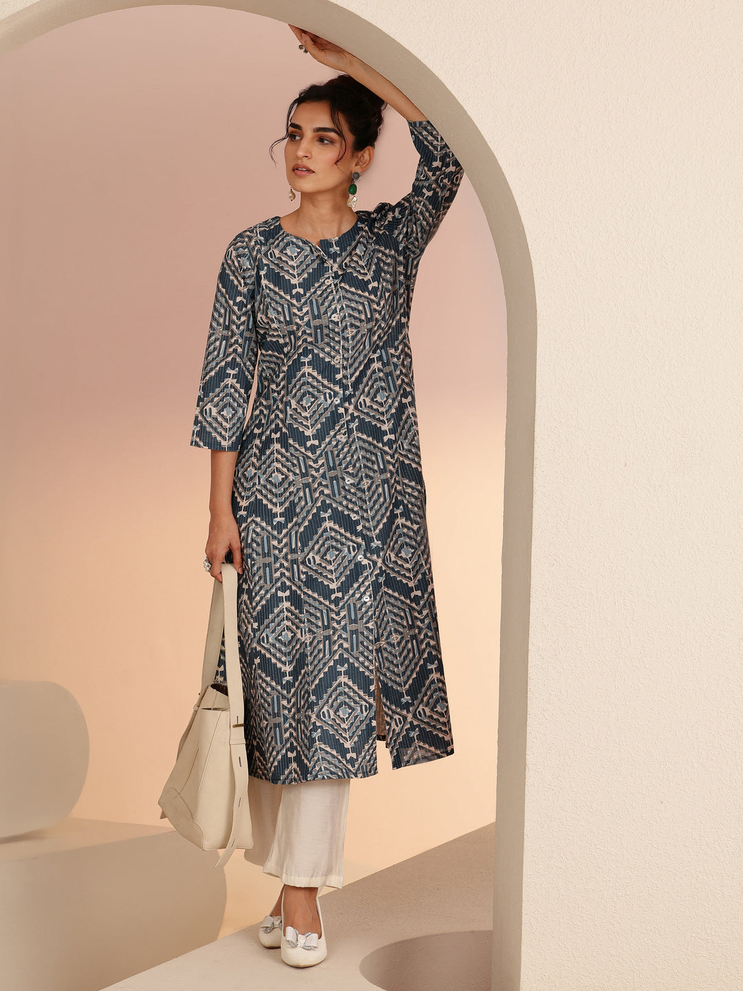 Libas Blue Geometric Print Cotton Blend A-Line Kurta