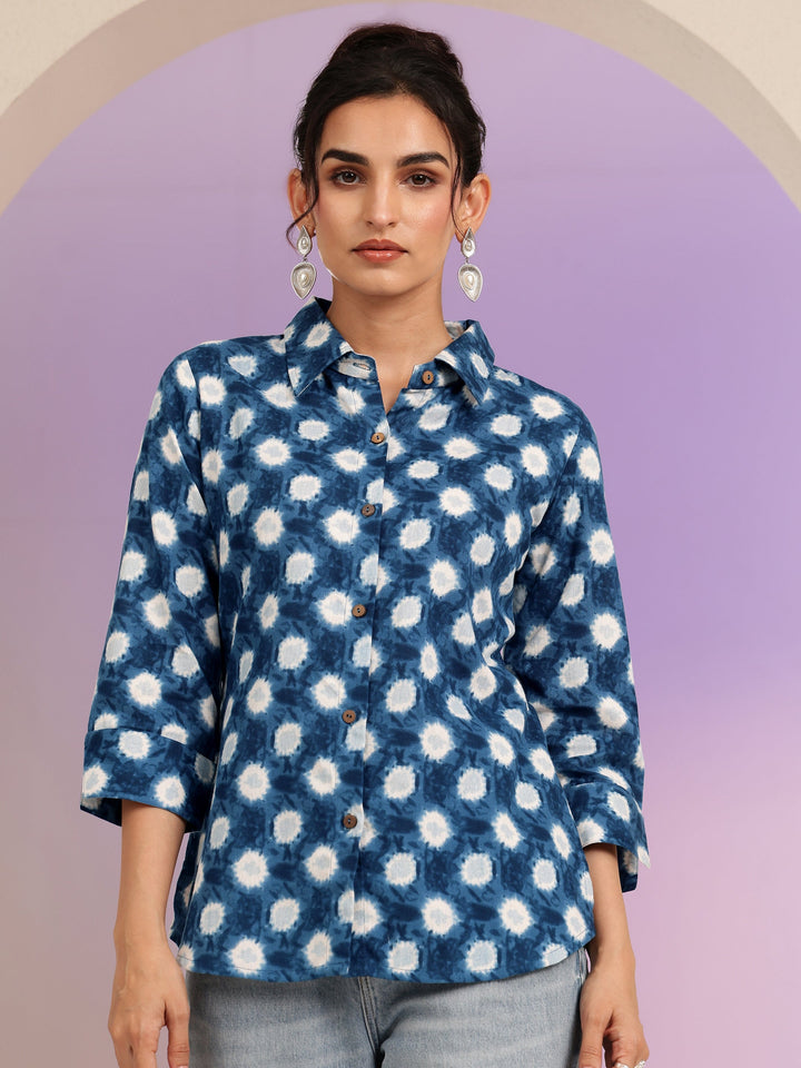 Libas Blue Ikat Dot Printed Cotton Shirt