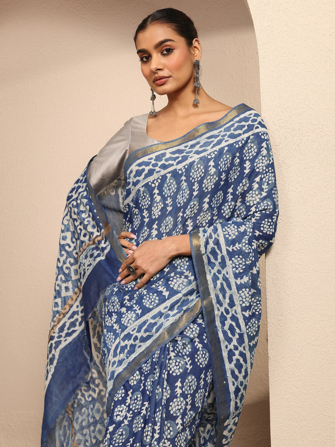 Blue Ikat Printed Cotton Saree With Unstitched Blouse Piece