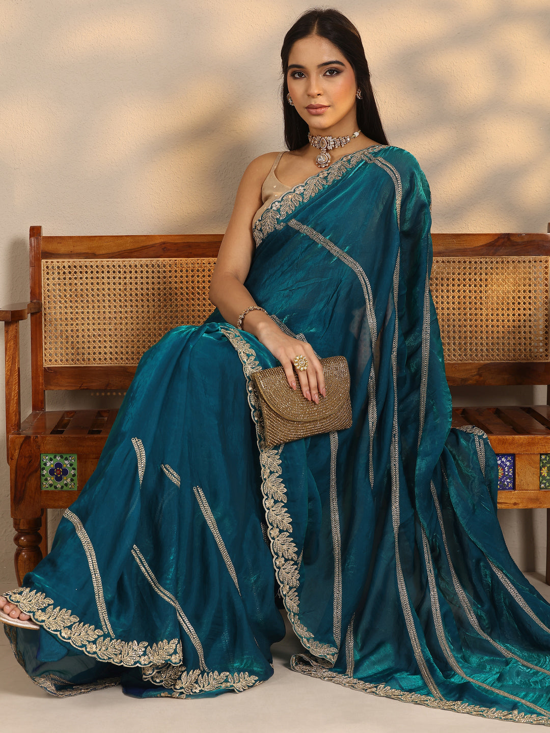 Blue Leheriya Embellished Silk Blend Saree With Unstitched Blouse Piece