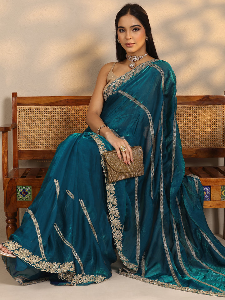 Blue Leheriya Embellished Silk Blend Saree With Unstitched Blouse Piece