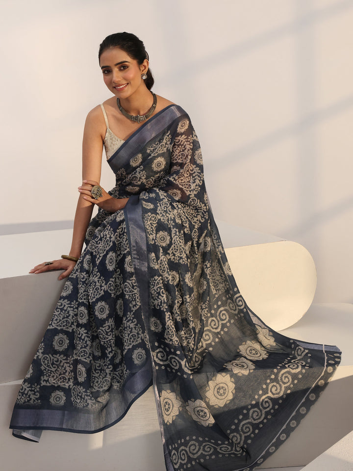 Libas Blue Paisley Printed cotton blend Saree