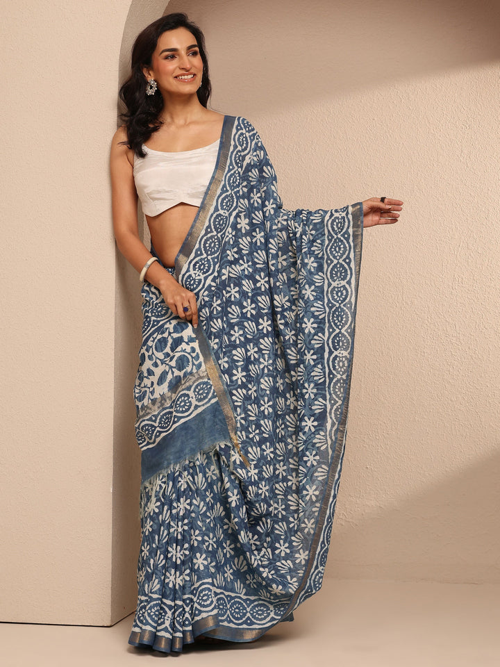 Blue Printed Cotton Saree With Unstitched Blouse Piece