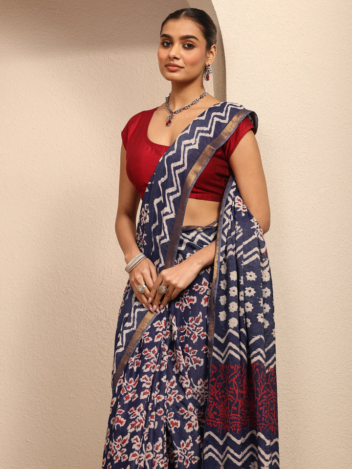 Blue Printed Cotton Saree With Unstitched Blouse Piece