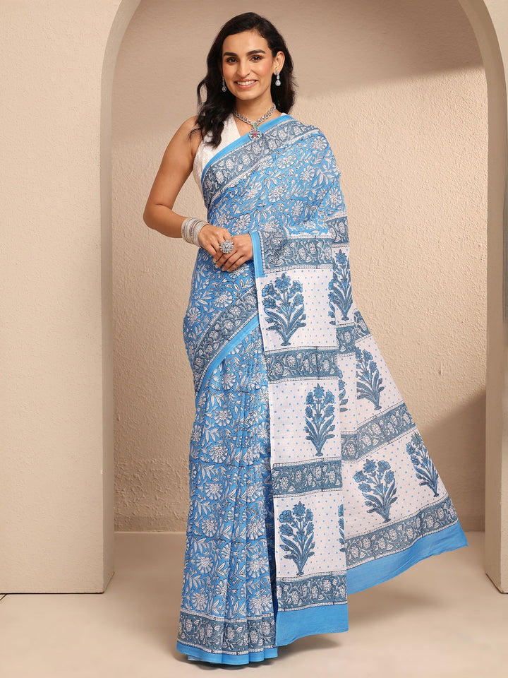 Blue Printed Cotton Saree With Unstitched Blouse Piece