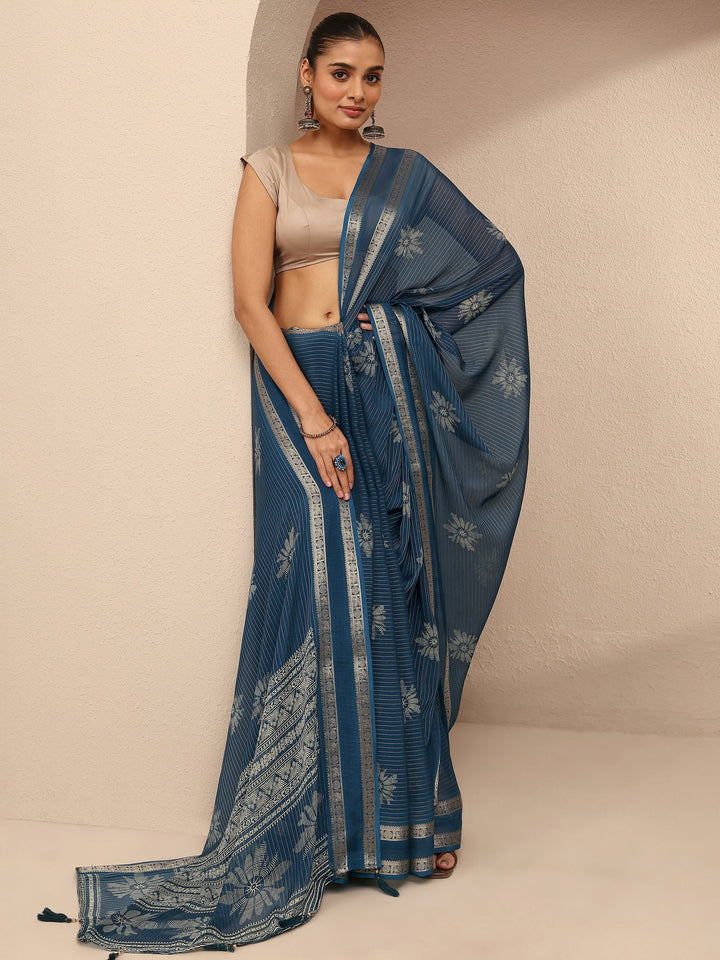 Blue Printed Silk Blend Saree With Unstitched Blouse Piece