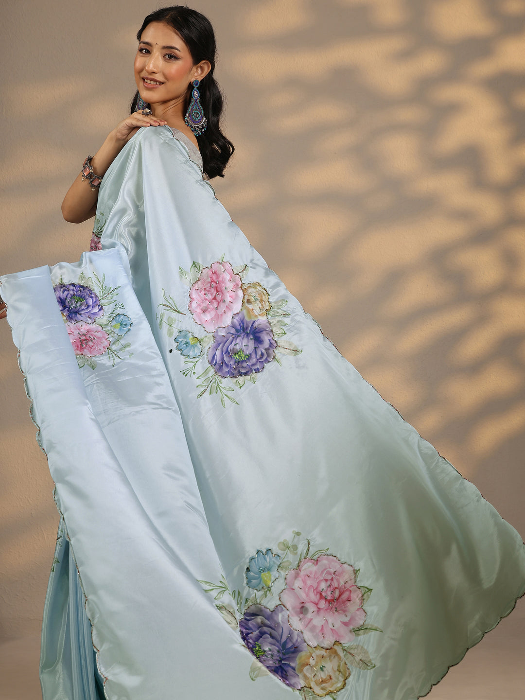 Blue Printed Silk Blend Saree With Unstitched Blouse Piece