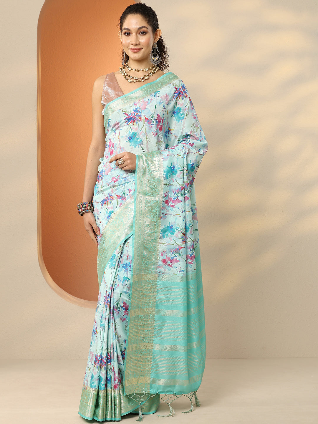 Blue Printed Silk Blend Saree With Unstitched Blouse Piece