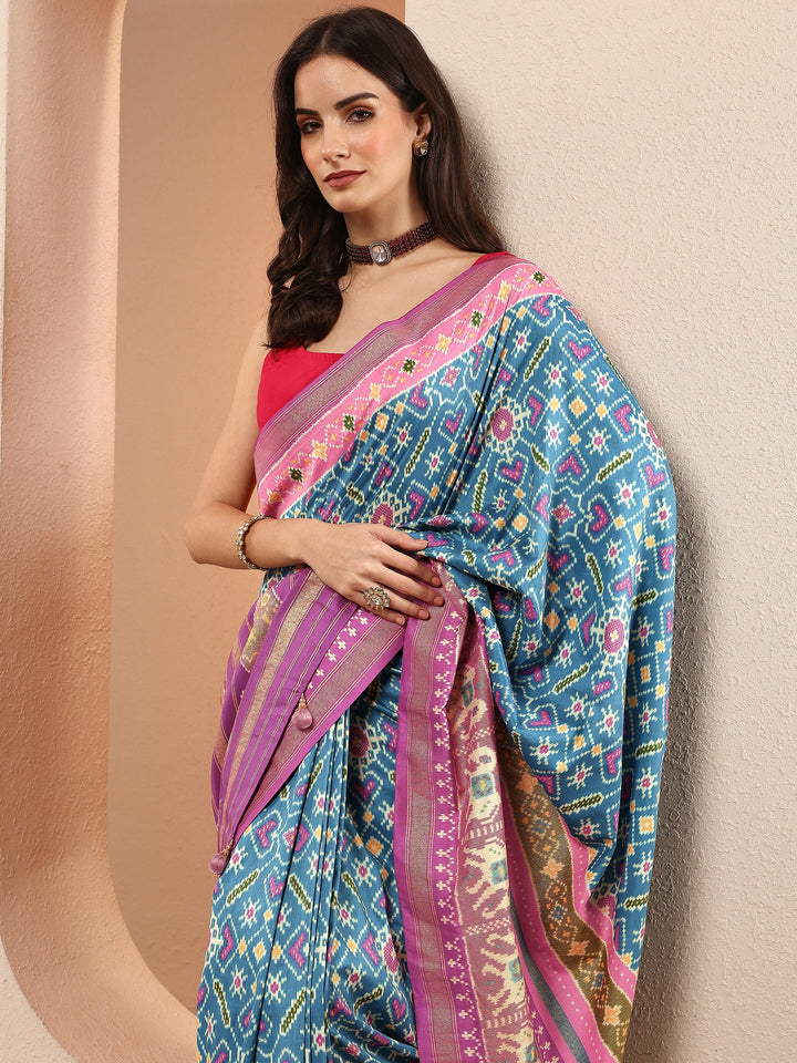 Blue Printed Silk Blend Sarees With Unstitched Blouse Piece