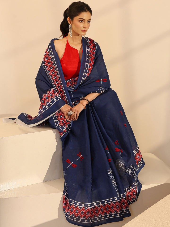Libas Blue Dragonfly Print Cotton Saree