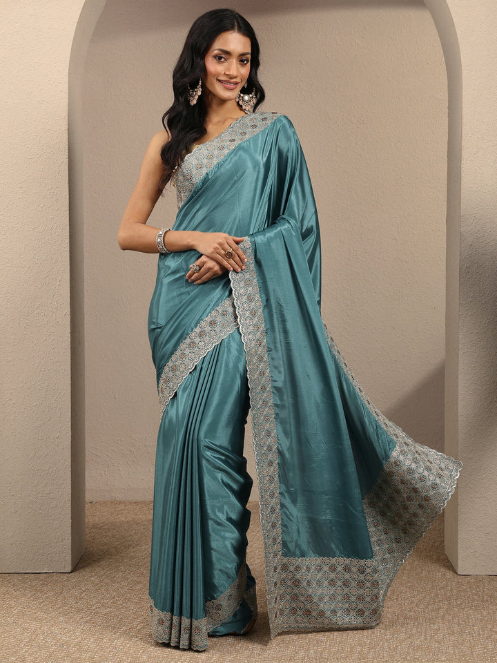 Blue Solid Silk Blend Saree With Unstitched Blouse Piece