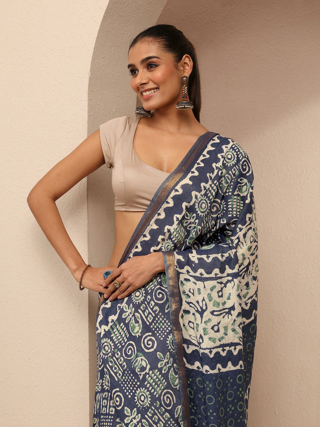 Blue Tribal Printed Cotton Saree With Unstitched Blouse Piece