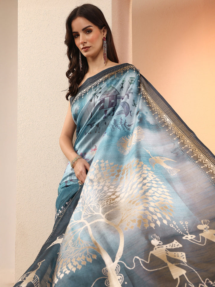 Blue Tribal Printed Sarees With Unstitched Blouse Piece