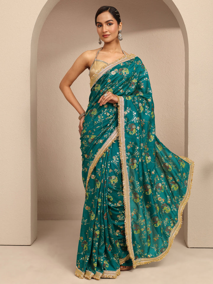 Blue Tribal Printed Silk Blend Saree With Unstitched Blouse Piece