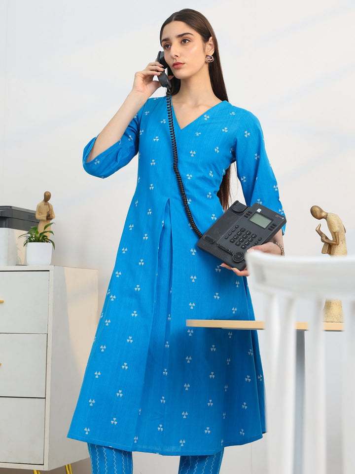 Libas Blue Woven Design Cotton Blend A-Line Kurta Set