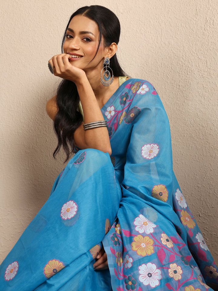 Blue Woven Design Cotton Blend Saree With Unstitched Blouse Piece