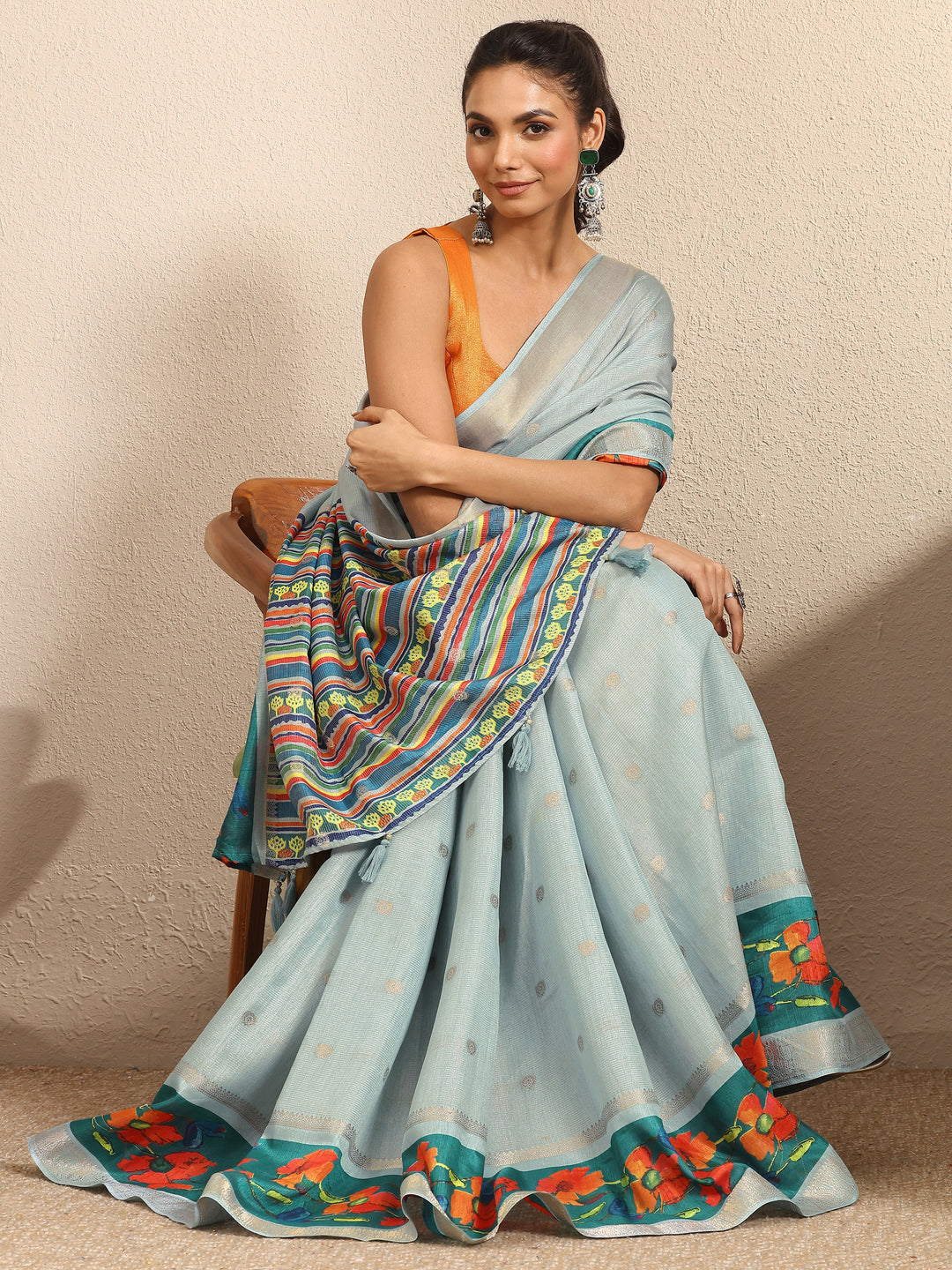 Blue Woven Design Silk Blend Saree With Unstitched Blouse Piece