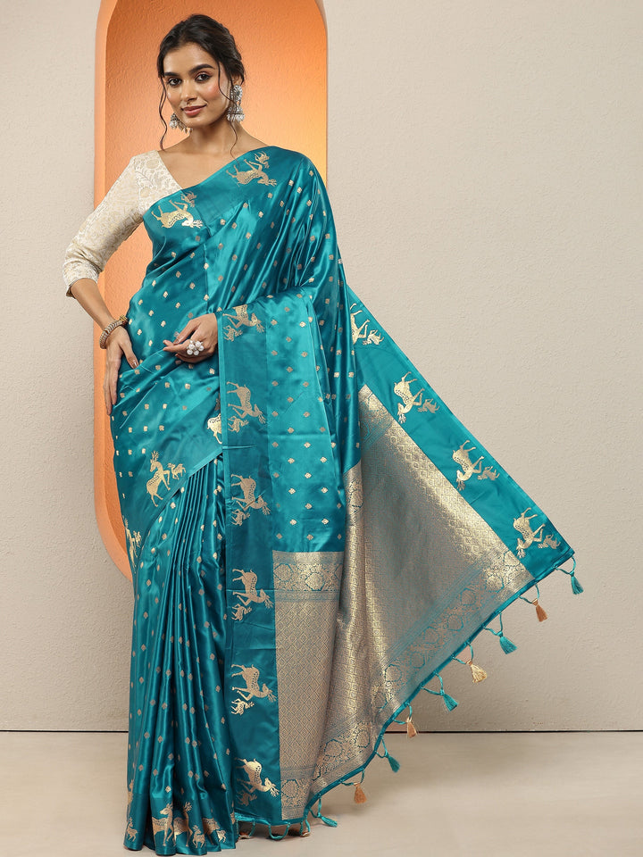 Blue Woven Design Silk Blend Sarees With Unstitched Blouse Piece