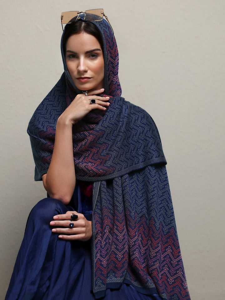 Blue Woven Design Wool Women'S Shawl