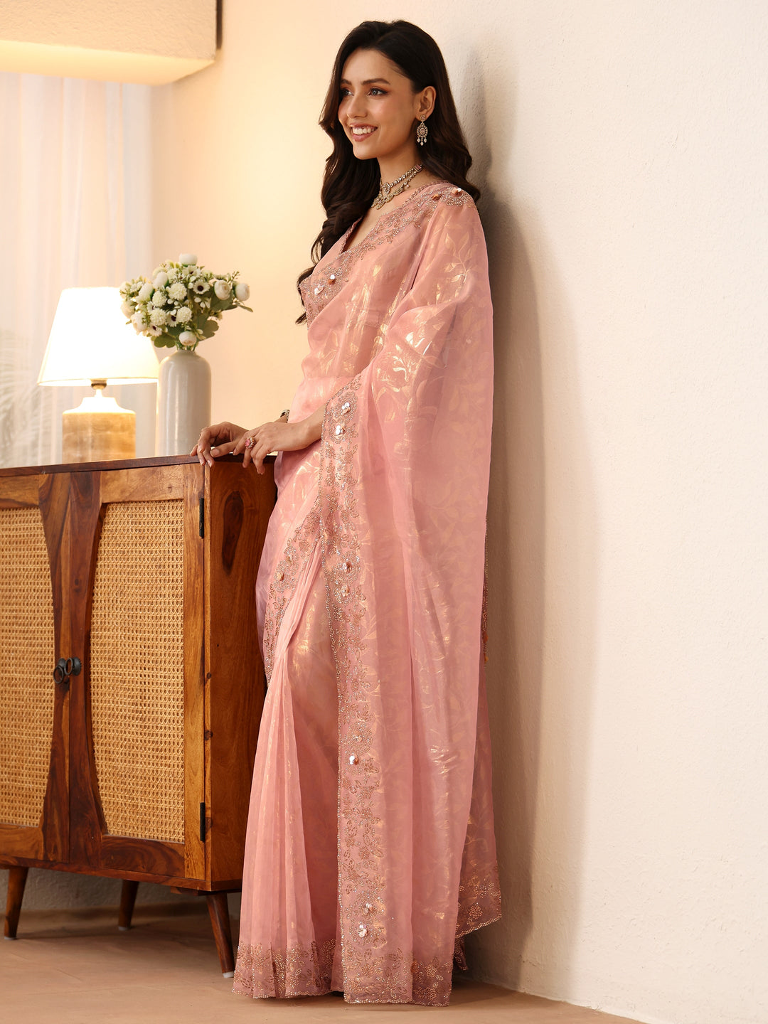 Libas Blush Pink Floral Embellished Tissue Saree
