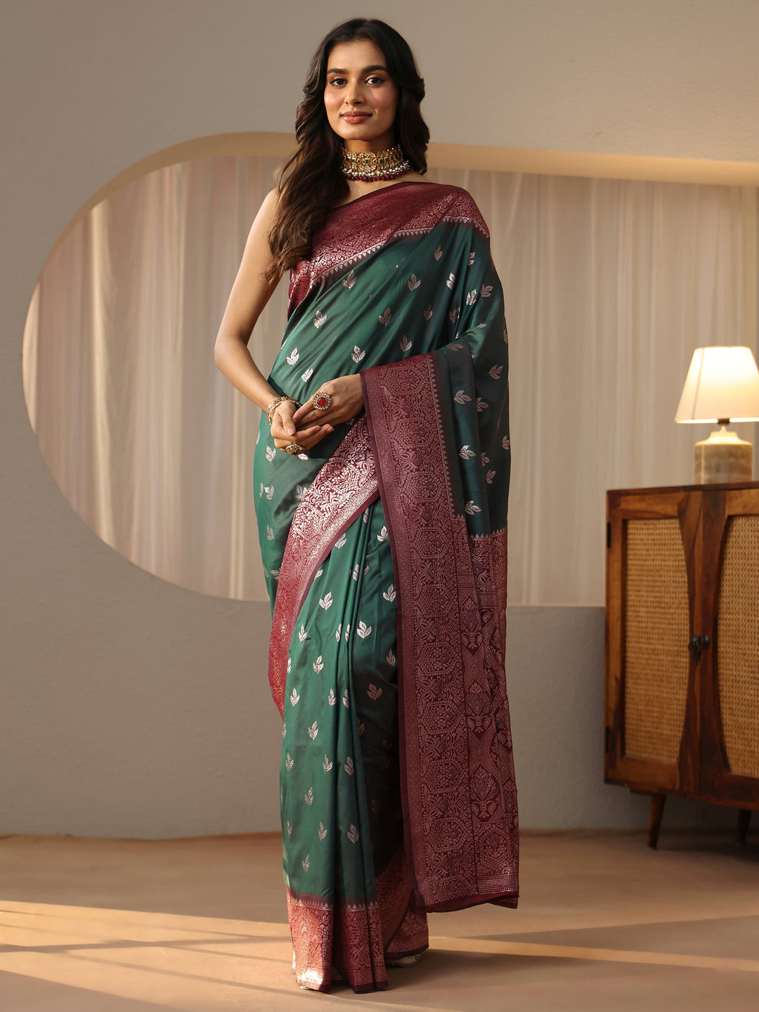 Libas Bottle Green Banarasi Silk Blend Saree