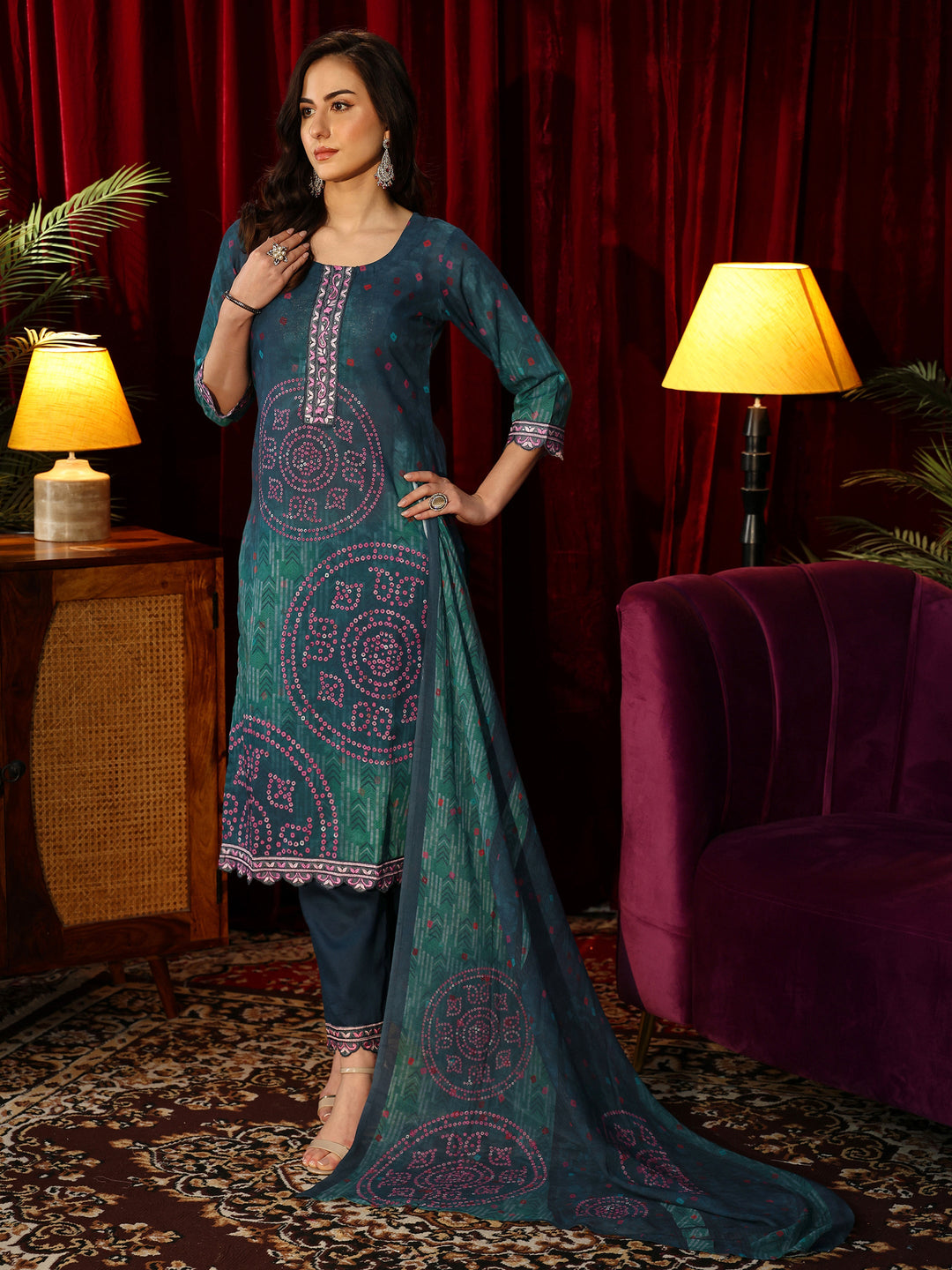 Bottle Green Bandhani Printed Cotton Straight Suit Set