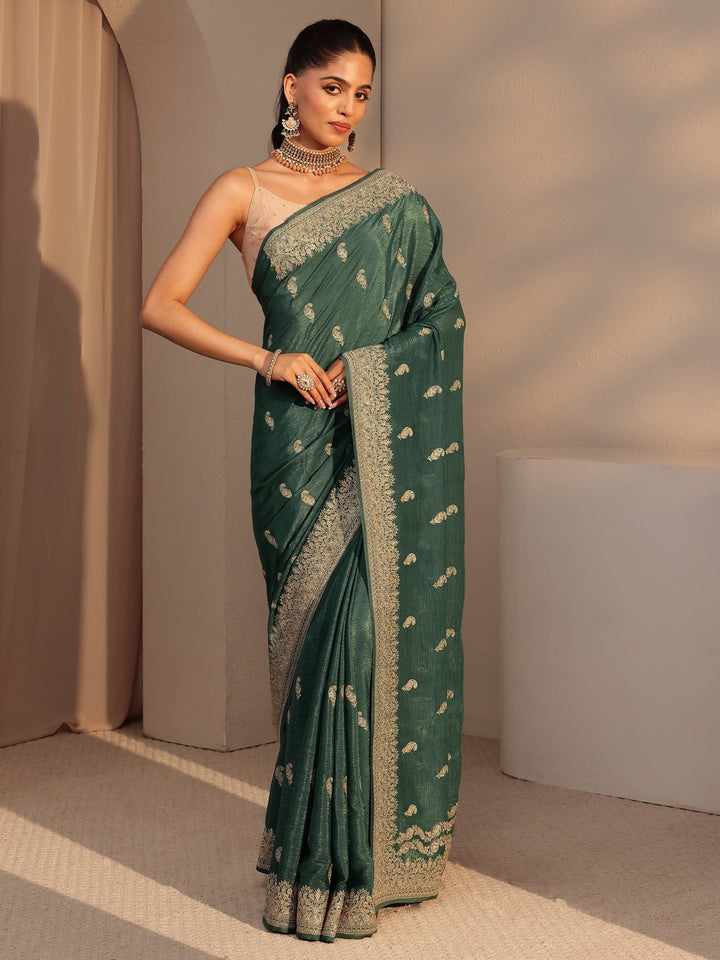 Libas Bottle Green Ethnic Embroidered Chiffon Saree