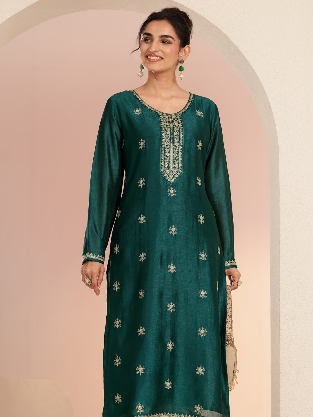 Libas Bottle Green Ethnic Embroidered Silk Blend Straight Kurta