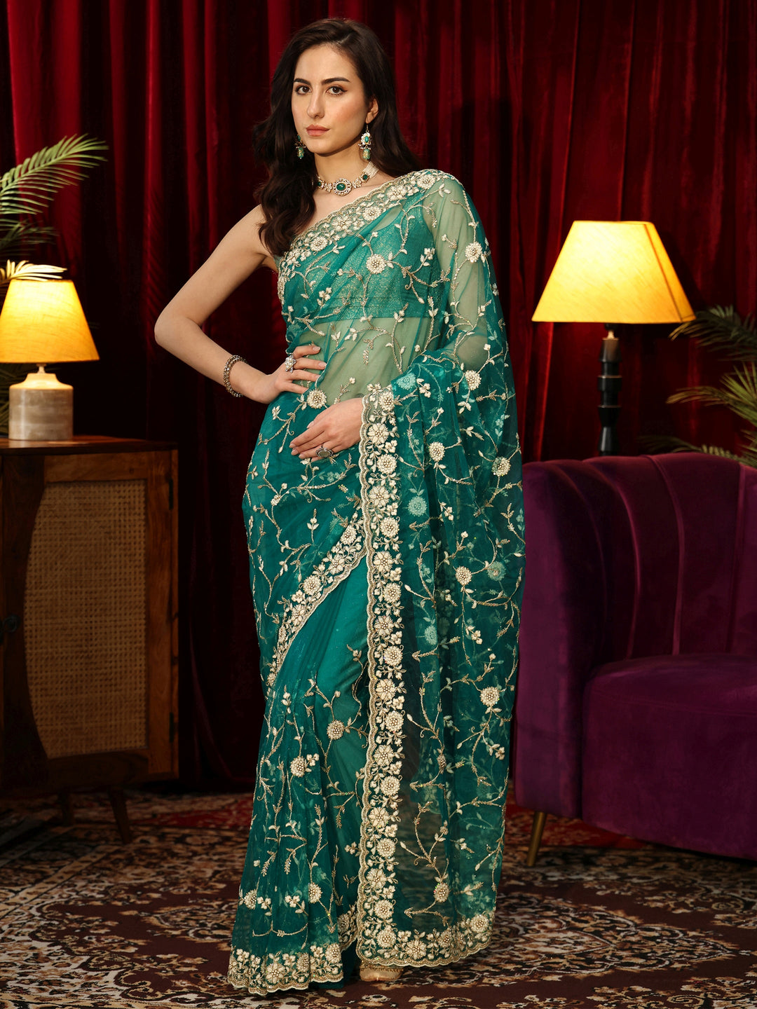 Libas Bottle Green Floral Embroidered Net Saree