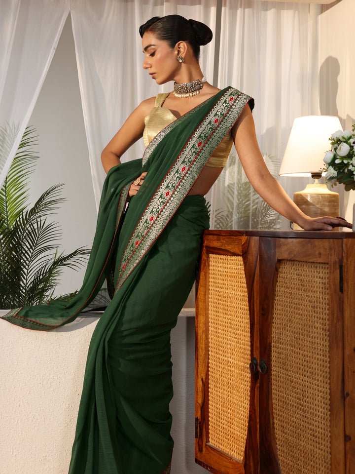 Bottle Green Chiffon Pre Draped Saree